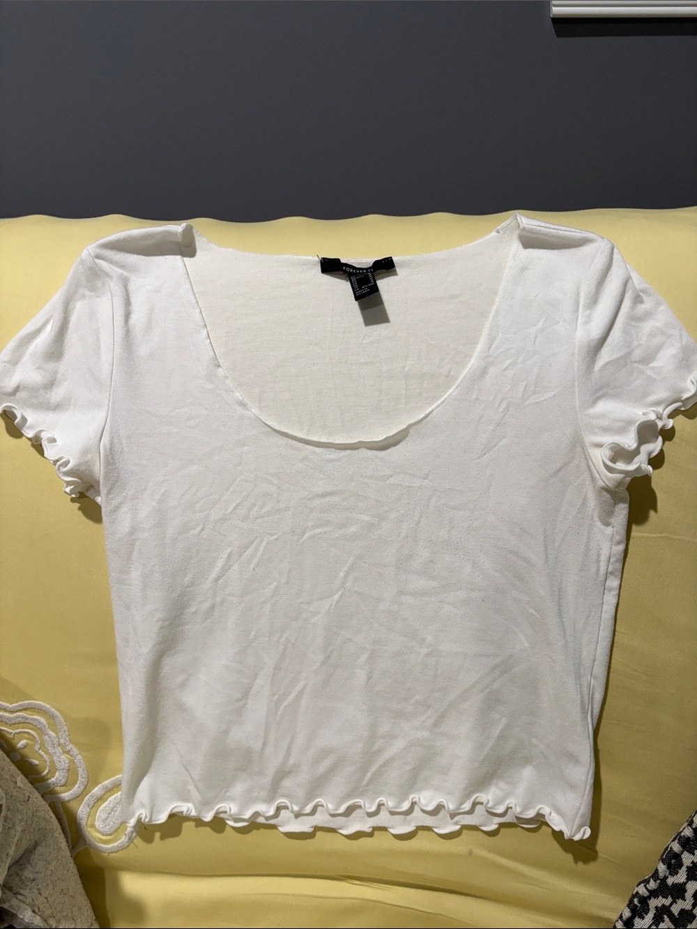 Forever 21 White Scoop Neck Ruffle-Trim Short Sleeve Top